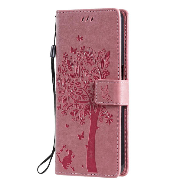 OPPO Realme 7 Tree & Cat Pattern Pressed Printing Horizontal Flip PU Leather Case with Holder & Card Slots & Wallet & Lanyard(Pink)