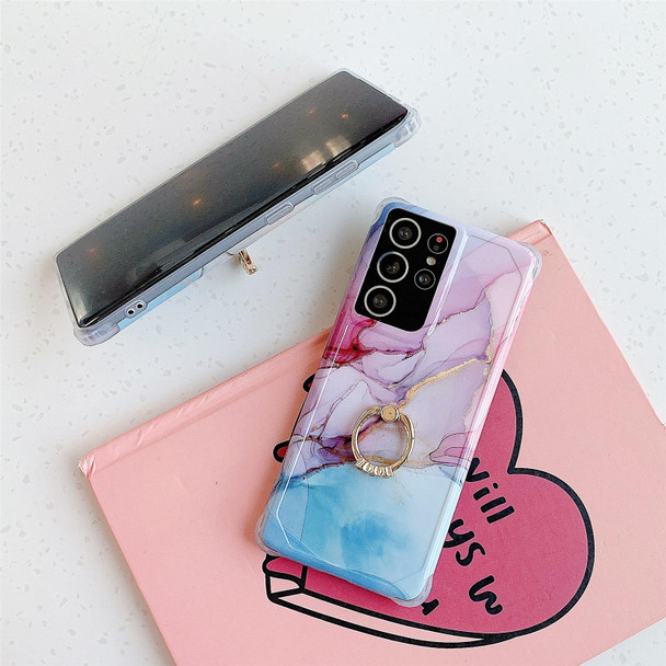 Four Corners Anti-Shattering Gold Marble IMD Phone Case with Metal Rhinestone Ring Holder - Samsung Galaxy S21 5G(Sky Blue LQ8)