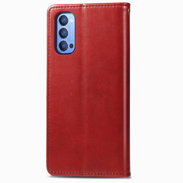 Oppo Reno4 4G Retro Solid Color Leather Buckle Phone Case with Lanyard & Photo Frame & Card Slot & Wallet & Stand Function(Red)