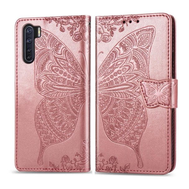 OPPO F15/A91 Butterfly Love Flower Embossed Horizontal Flip Leather Case with Bracket / Card Slot / Wallet / Lanyard(Rose Gold)