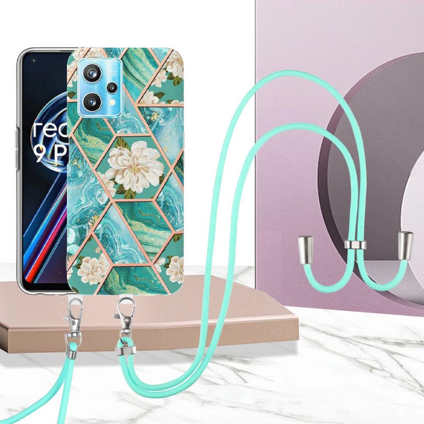 OPPO Realme 9 Pro 5G Splicing Marble Flower Pattern TPU Phone Case with Lanyard(Blue Flower)