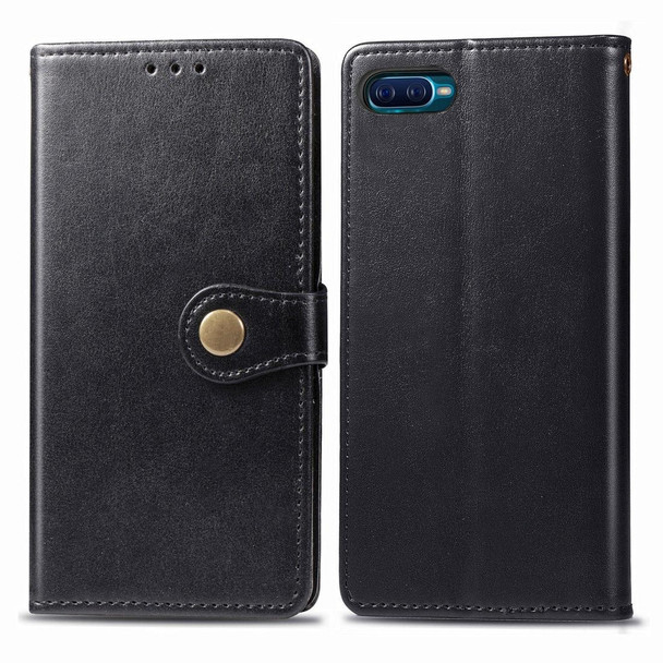 OPPO Reno A Retro Solid Color Leather Buckle Phone Case with Lanyard & Photo Frame & Card Slot & Wallet & Stand Function(Black)