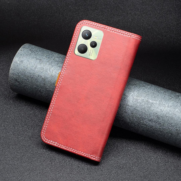 OPPO Realme C35 Color Matching Double Sewing Thread Leather Phone Case(Red)