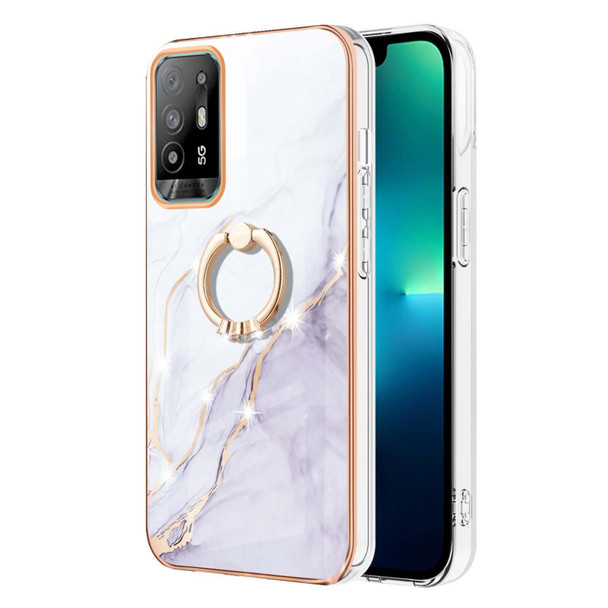 OPPO A94 5G / A95 5G Electroplating Marble Pattern IMD TPU Phone Case with Ring Holder(White 006)