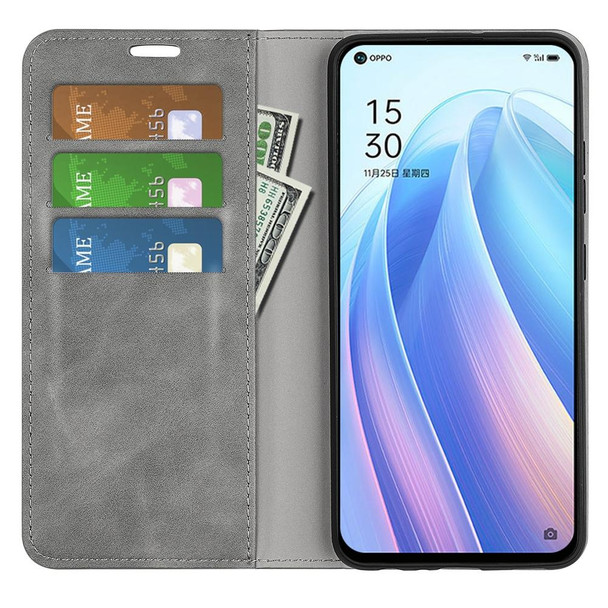 OPPO Reno7 Pro 5G Retro-skin Magnetic Suction Leather Phone Case(Grey)