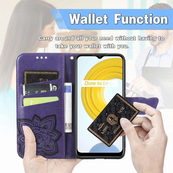 OPPO Realme C21Y Butterfly Love Flowers Embossed Horizontal Flip Leather Case with Holder & Card Slots & Wallet & Lanyard(Dark Purple)