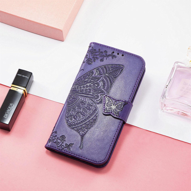 OPPO Realme C21Y Butterfly Love Flowers Embossed Horizontal Flip Leather Case with Holder & Card Slots & Wallet & Lanyard(Dark Purple)