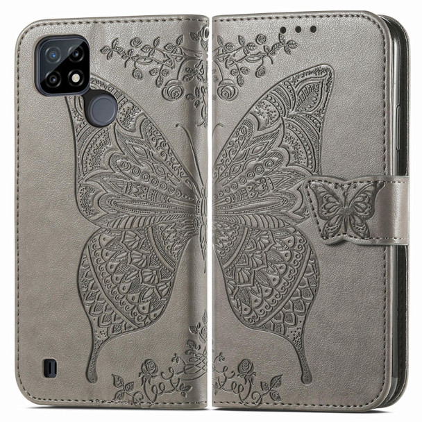 OPPO Realme C21Y Butterfly Love Flowers Embossed Horizontal Flip Leather Case with Holder & Card Slots & Wallet & Lanyard(Grey)