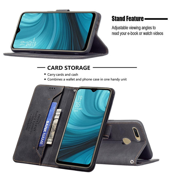 OPPO A7 Magnetic Clasp RFID Blocking Anti-Theft Leather Case with Holder & Card Slots & Wallet(Black)