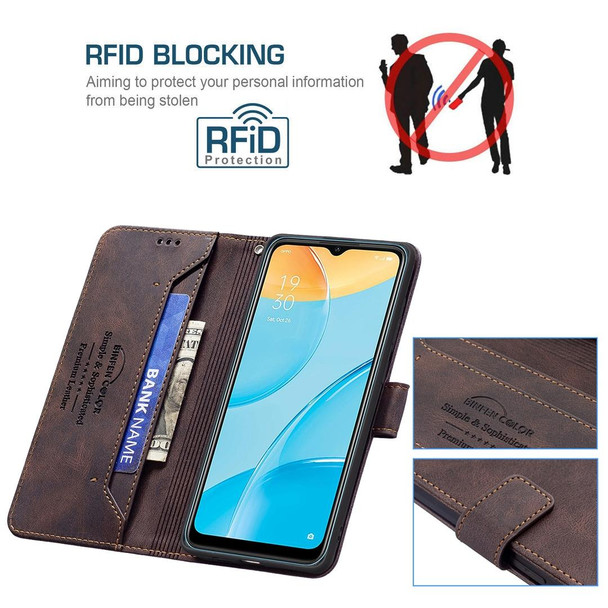 OPPO A15 Magnetic Clasp RFID Blocking Anti-Theft Leather Case with Holder & Card Slots & Wallet(Brown)