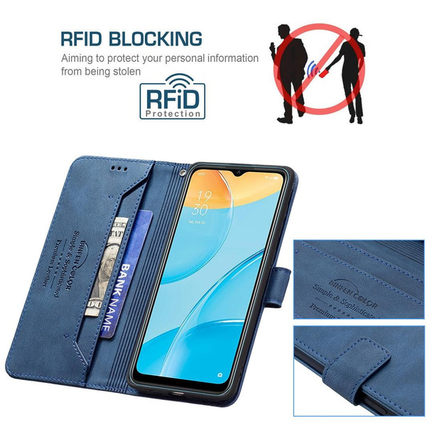 OPPO A15 Magnetic Clasp RFID Blocking Anti-Theft Leather Case with Holder & Card Slots & Wallet(Blue)