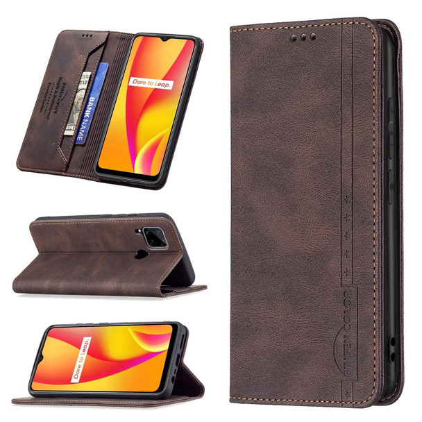 OPPO Realme C15 / C12 / C25 Magnetic RFID Blocking Anti-Theft Leather Case with Holder & Card Slots & Wallet(Brown)