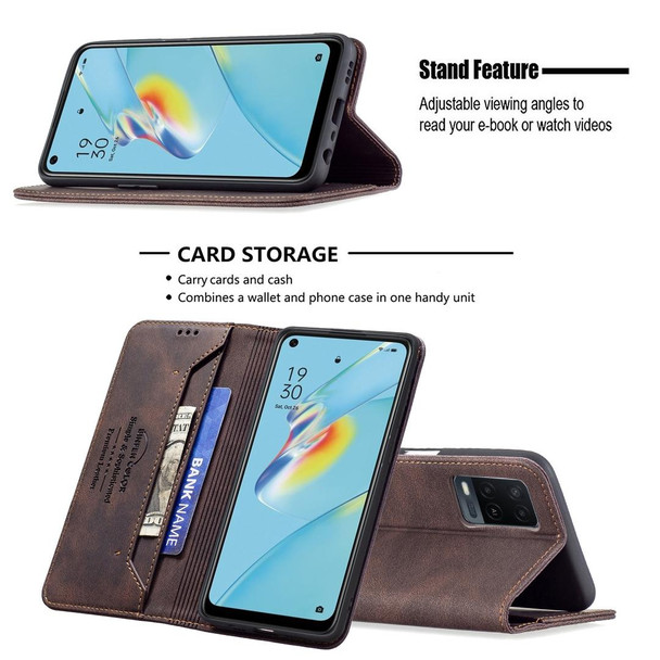 OPPO A54 4G Magnetic RFID Blocking Anti-Theft Leather Case with Holder & Card Slots & Wallet(Brown)