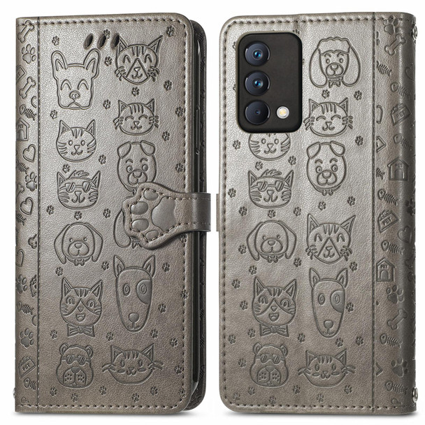 OPPO Realme GT Master Lovely Cat and Dog Embossing Pattern Horizontal Flip Leather Case , with Holder & Card Slots & Wallet & Cartoon Clasp & Lanyard(Grey)