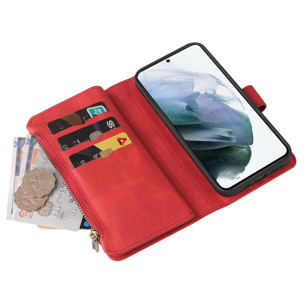 Samsung Galaxy S21 5G Skin Feel PU + TPU Horizontal Flip Leather Case with Holder & 15 Cards Slot & Wallet & Zipper Pocket & Lanyard(Red)