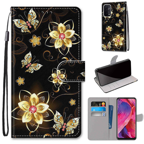 OPPO A54 5G / A74 5G / A93 5G / A93s 5G Coloured Drawing Cross Texture Horizontal Flip PU Leather Case with Holder & Card Slots & Wallet & Lanyard(Gold Diamond Butterfly)