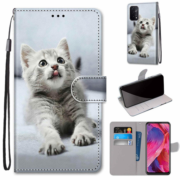 OPPO A54 5G / A74 5G / A93 5G / A93s 5G Coloured Drawing Cross Texture Horizontal Flip PU Leather Case with Holder & Card Slots & Wallet & Lanyard(Small Gray Cat)