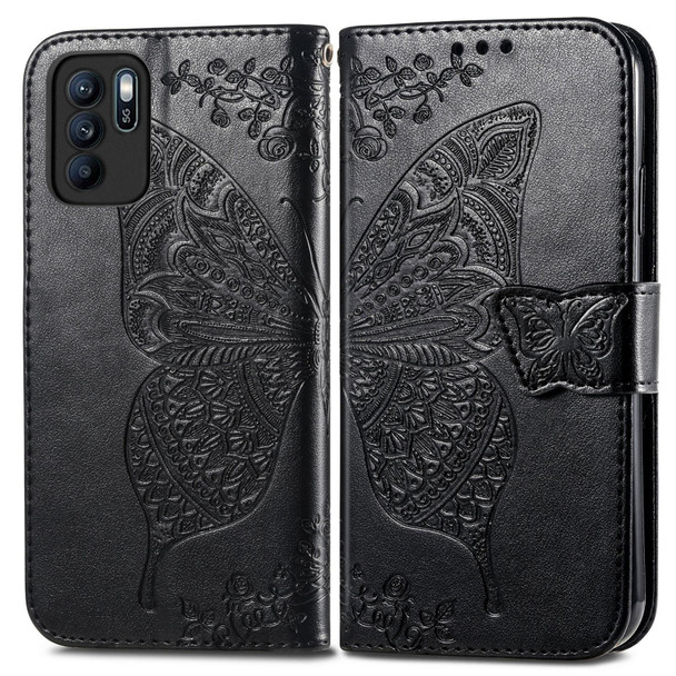 Butterfly Love Flowers Embossed Horizontal Flip Leatherette Case with Holder & Card Slots & Wallet & Lanyard - OPPO Reno 6Z(Black)