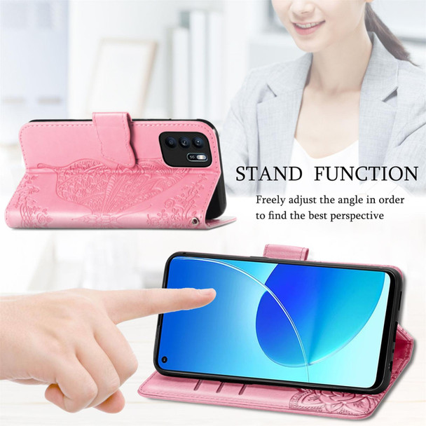 Butterfly Love Flowers Embossed Horizontal Flip Leatherette Case with Holder & Card Slots & Wallet & Lanyard - OPPO Reno 6Z(Pink)