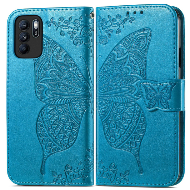 Butterfly Love Flowers Embossed Horizontal Flip Leatherette Case with Holder & Card Slots & Wallet & Lanyard - OPPO Reno 6Z(Blue)