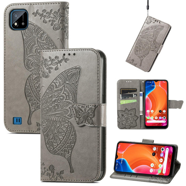 Butterfly Love Flowers Embossed Horizontal Flip Leatherette Case with Holder & Card Slots & Wallet & Lanyard - OPPO Realme C20(Gray)