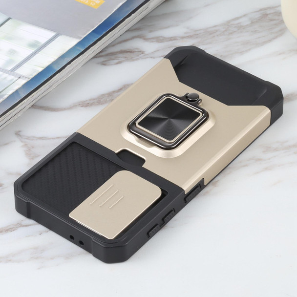 Samsung Galaxy S21 5G Sliding Camera Cover Design PC + TPU Shockproof Case with Ring Holder & Card Slot(Gold)