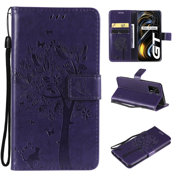 Tree & Cat Pattern Pressed Printing Horizontal Flip PU Leather Case with Holder & Card Slots & Wallet & Lanyard - OPPO Realme GT 5G(Purple)