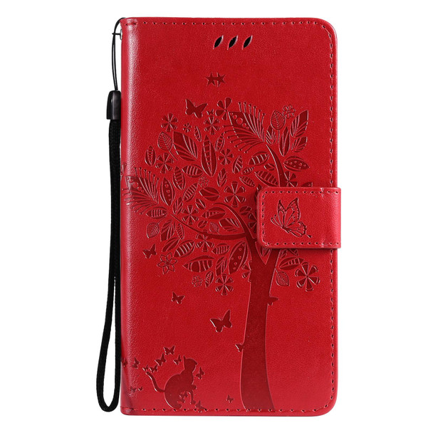 Tree & Cat Pattern Pressed Printing Horizontal Flip PU Leather Case with Holder & Card Slots & Wallet & Lanyard - OPPO Realme GT 5G(Red)