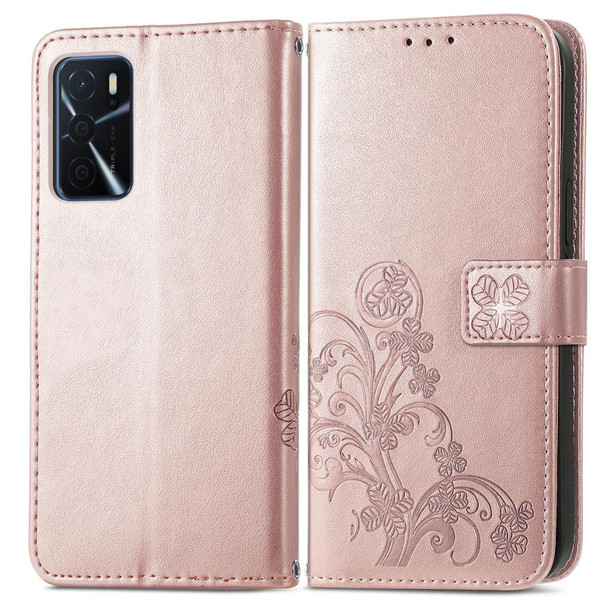 OPPO A16 / A16e Four-leaf Clasp Embossed Buckle Leather Phone Case(Rose Gold)