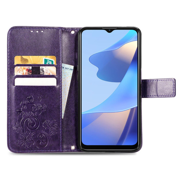 OPPO A16 / A16e Four-leaf Clasp Embossed Buckle Leather Phone Case(Purple)