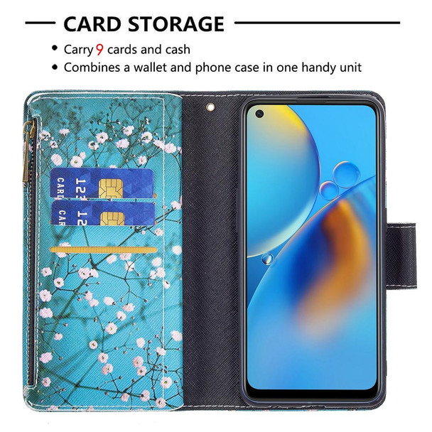 OPPO A74 4G/F19 4G Colored Drawing Pattern Zipper Horizontal Flip Leather Case with Holder & Card Slots & Wallet(Plum Blossom)