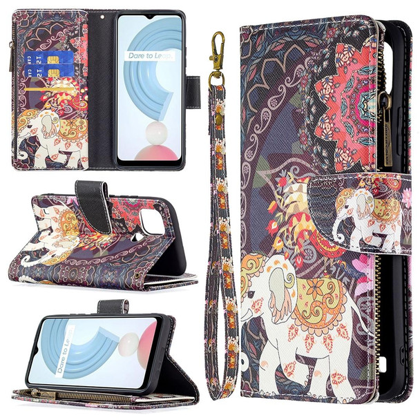 OPPO Realme C21/C20 Colored Drawing Pattern Zipper Horizontal Flip Leather Case with Holder & Card Slots & Wallet(Flower Elephants)