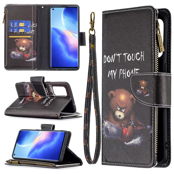 OPPO Reno5 5G Colored Drawing Pattern Zipper Horizontal Flip Leather Case with Holder & Card Slots & Wallet(Bear)