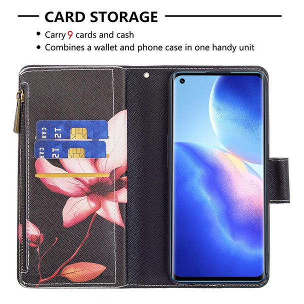 OPPO Reno5 5G Colored Drawing Pattern Zipper Horizontal Flip Leather Case with Holder & Card Slots & Wallet(Lotus)