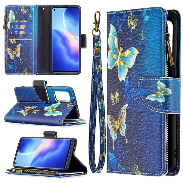 OPPO Reno5 5G Colored Drawing Pattern Zipper Horizontal Flip Leather Case with Holder & Card Slots & Wallet(Gold Butterfly)