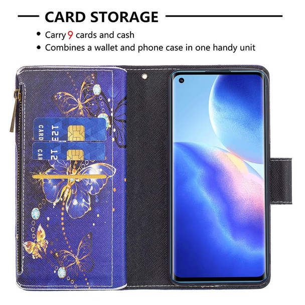 OPPO Reno5 5G Colored Drawing Pattern Zipper Horizontal Flip Leather Case with Holder & Card Slots & Wallet(Purple Butterfly)