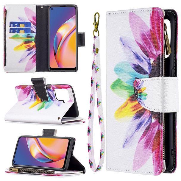OPPO A94/Reno5 F/F19 Pro Colored Drawing Pattern Zipper Horizontal Flip Leather Case with Holder & Card Slots & Wallet(Sun Flower)