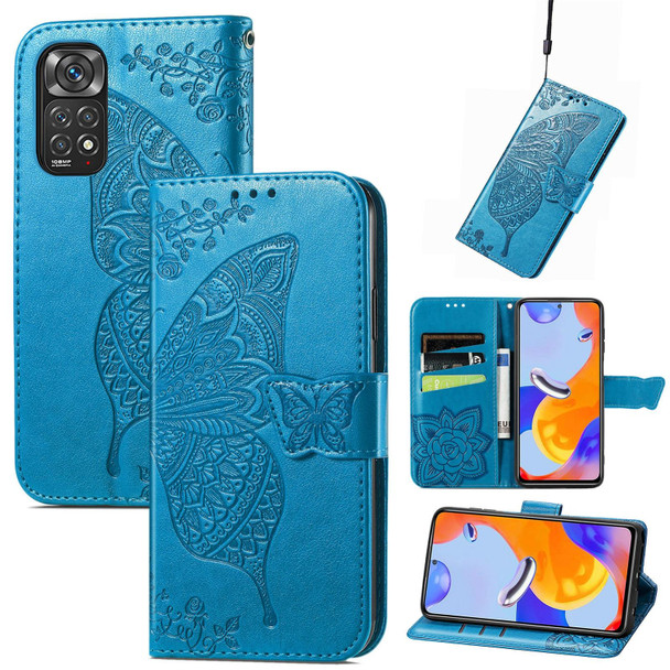 Xiaomi Redmi Note 11 Pro Global Butterfly Love Flower Embossed Leather Phone Case(Blue)