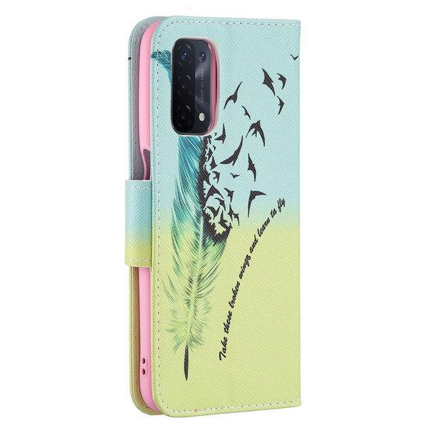 OPPO A74 / A93 / A54 5G Colored Drawing Pattern Horizontal Flip Leather Case with Holder & Card Slots & Wallet(Feather)