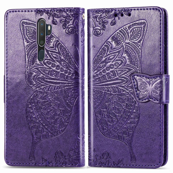 OPPO A5 (2020) / A9 (2020) Butterfly Love Flower Embossed Horizontal Flip Leather Case with Bracket Lanyard Card Slot Wallet(Dark Purple)