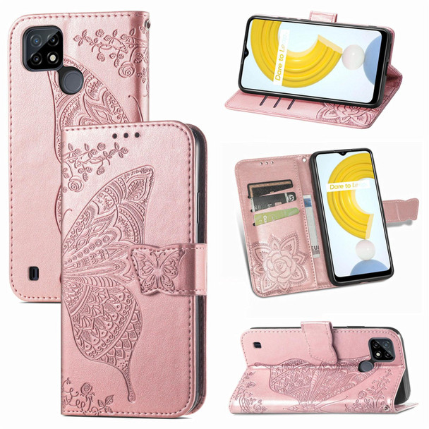 OPPO Realme C21Y Butterfly Love Flowers Embossed Horizontal Flip Leather Case with Holder & Card Slots & Wallet & Lanyard(Rose Gold)