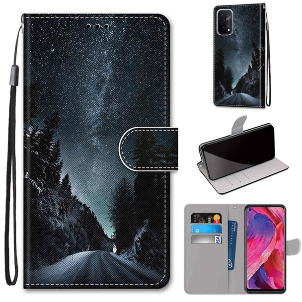 OPPO A54 5G / A74 5G / A93 5G / A93s 5G Coloured Drawing Cross Texture Horizontal Flip PU Leather Case with Holder & Card Slots & Wallet & Lanyard(Mountain Road Starry Sky)