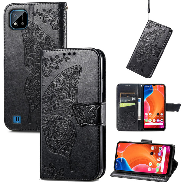 Butterfly Love Flowers Embossed Horizontal Flip Leatherette Case with Holder & Card Slots & Wallet & Lanyard - OPPO Realme C20(Black)