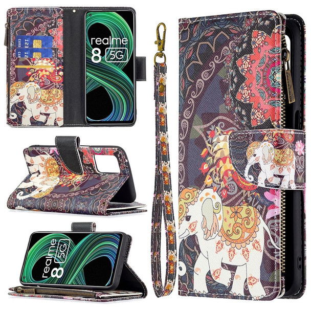 OPPO Realme 8 5G/V13 5G Colored Drawing Pattern Zipper Horizontal Flip Leather Case with Holder & Card Slots & Wallet(Flower Elephants)
