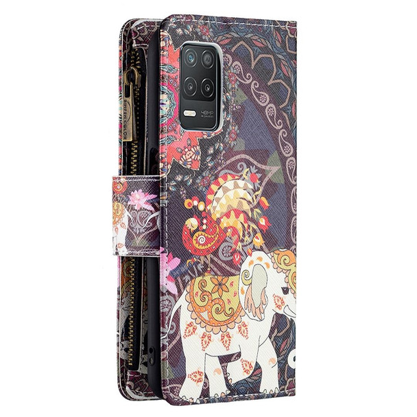 OPPO Realme 8 5G/V13 5G Colored Drawing Pattern Zipper Horizontal Flip Leather Case with Holder & Card Slots & Wallet(Flower Elephants)