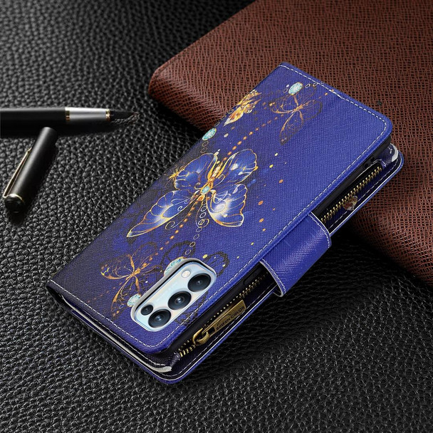 OPPO Reno5 Pro 5G Colored Drawing Pattern Zipper Horizontal Flip Leather Case with Holder & Card Slots & Wallet(Purple Butterfly)