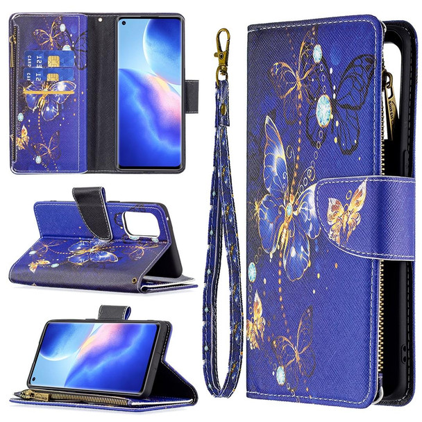 OPPO Reno5 Pro 5G Colored Drawing Pattern Zipper Horizontal Flip Leather Case with Holder & Card Slots & Wallet(Purple Butterfly)