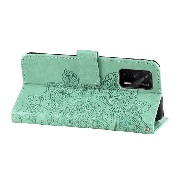 OPPO Realme GT 5G 7-petal Flowers Embossing Pattern Horizontal Flip PU Leather Case with Holder & Card Slots & Wallet & Photo Frame(Green)