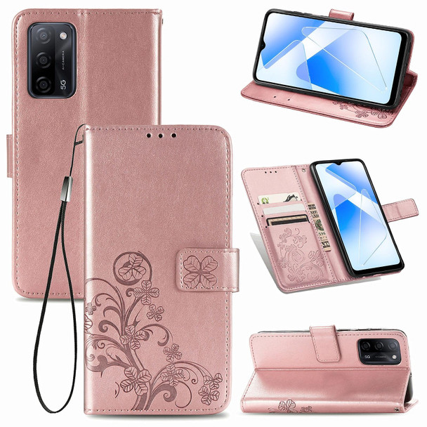 OPPO A55 5G Four-leaf Clasp Embossed Buckle Mobile Phone Protection Leather Case with Lanyard & Card Slot & Wallet & Bracket Function(Rose Gold)