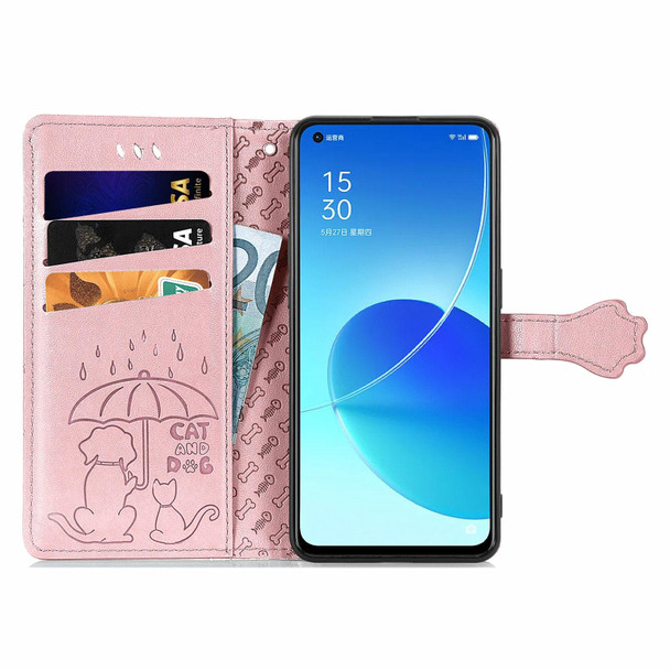 OPPO Reno6 5G Cute Cat and Dog Embossed Horizontal Flip Leather Case with Holder & Card Slots & Wallet & Lanyard(Rose Gold)